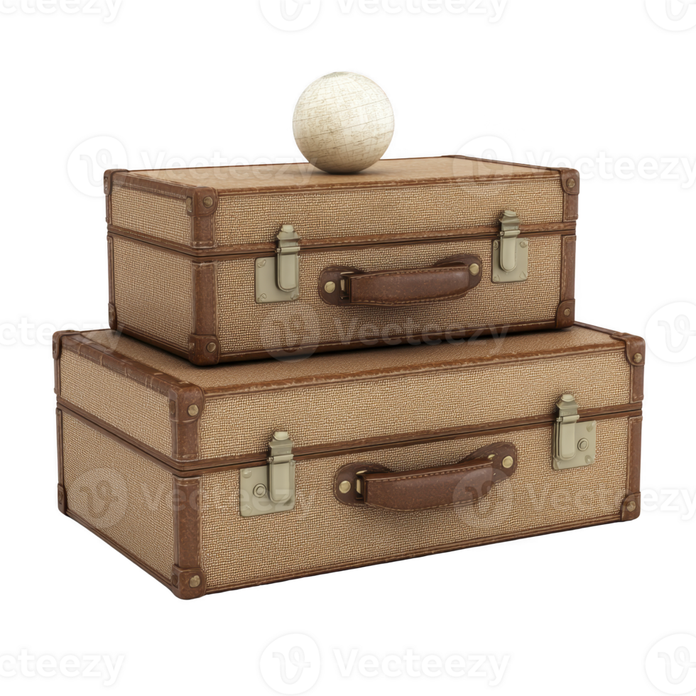 Two vintage suitcases with leather handles are stacked, topped with small globe, evoking sense of travel and adventure. suitcases have classic, textured design png