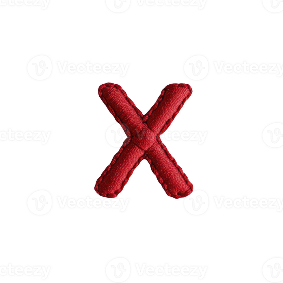 Red fabric letter X with visible stitching, isolated on transparency background, conveys bold and striking appearance. texture and color make it stand out prominently png