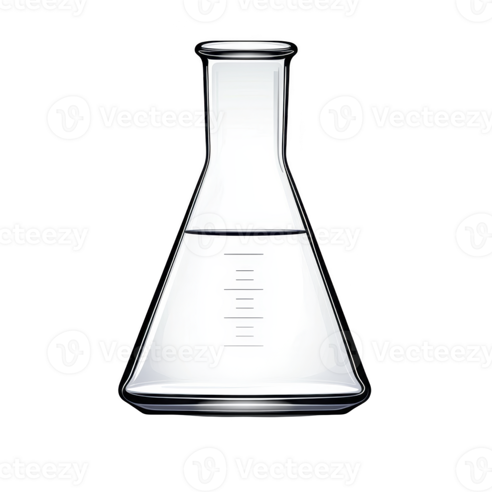 Transparent glass Erlenmeyer flask with measurement markings, half filled with clear liquid, used in scientific experiments and laboratory settings png
