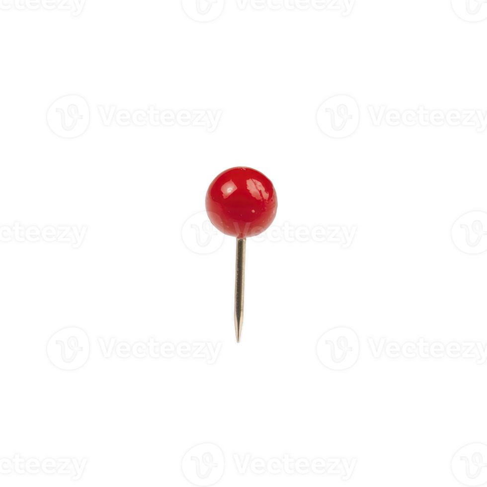 Single red pushpin with shiny round head and sharp metal point is isolated on transparency background, perfect for office or school use png