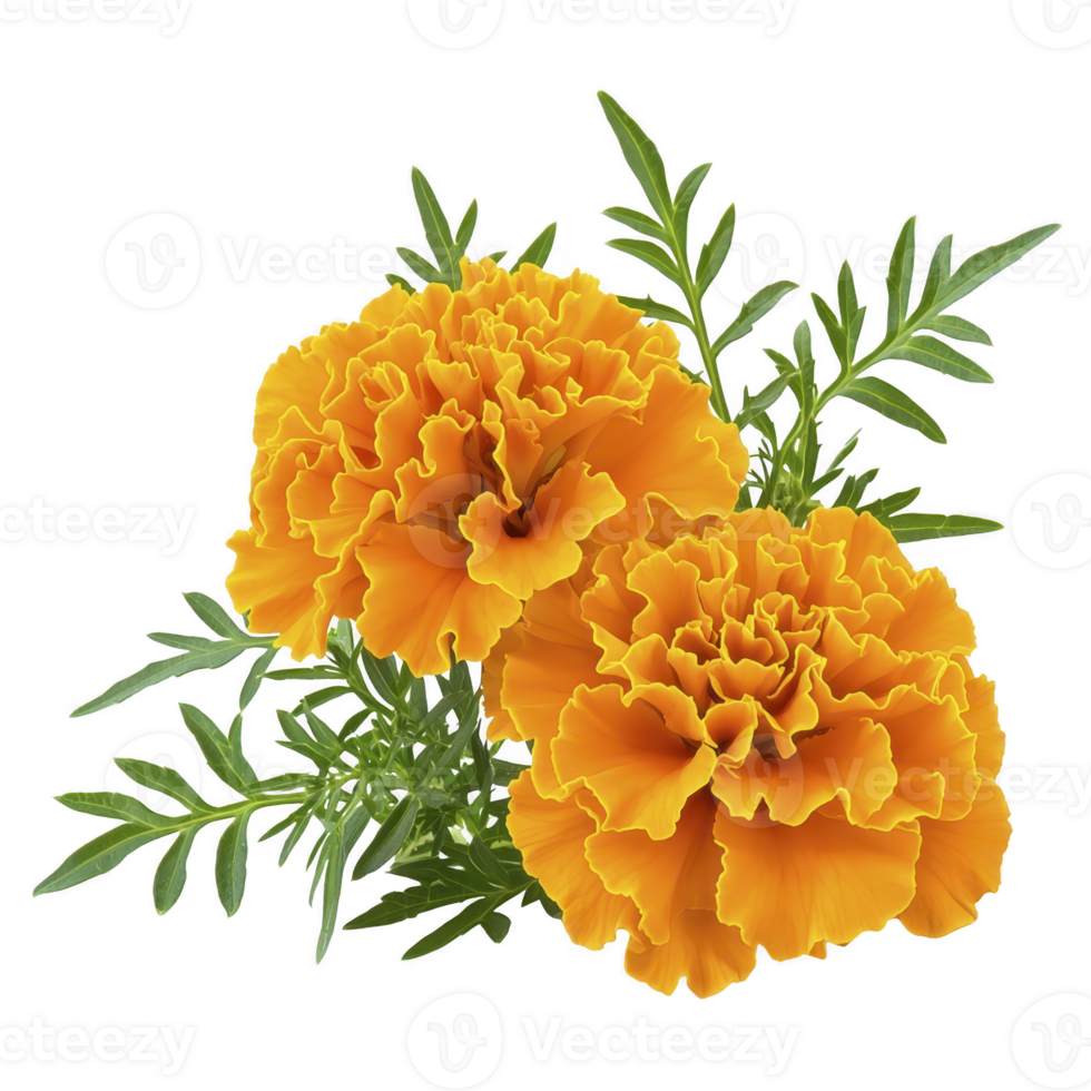 Vibrant orange marigold flowers with lush green leaves, showcasing their ruffled petals and vivid color. Perfect for gardens and floral arrangements, these blooms add cheerful touch png