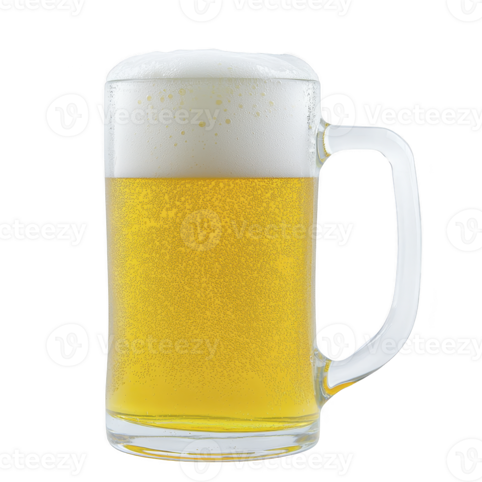 Frothy mug of golden beer with bubbles rising to top, creating refreshing and inviting appearance. clear glass mug showcases vibrant color and effervescence of beverage png