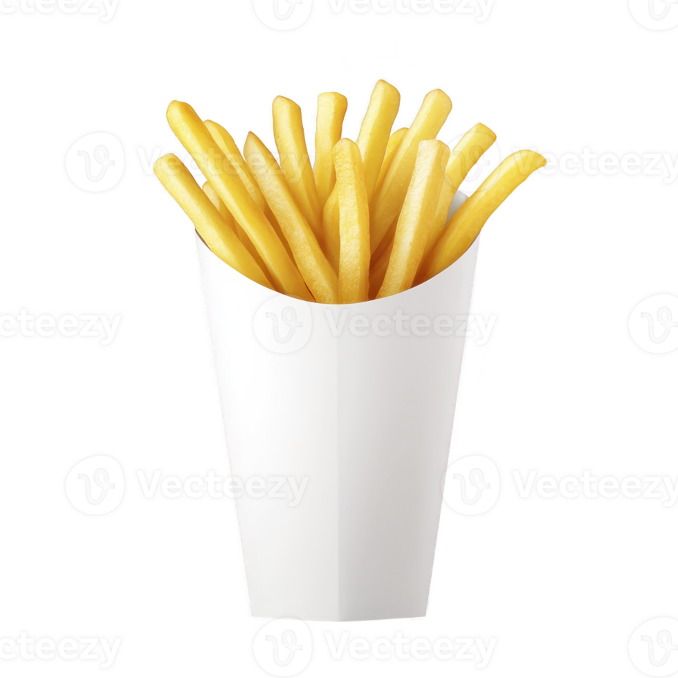 Crispy golden french fries in white paper container, isolated on transparency background, evoke sense of deliciousness and simplicity png