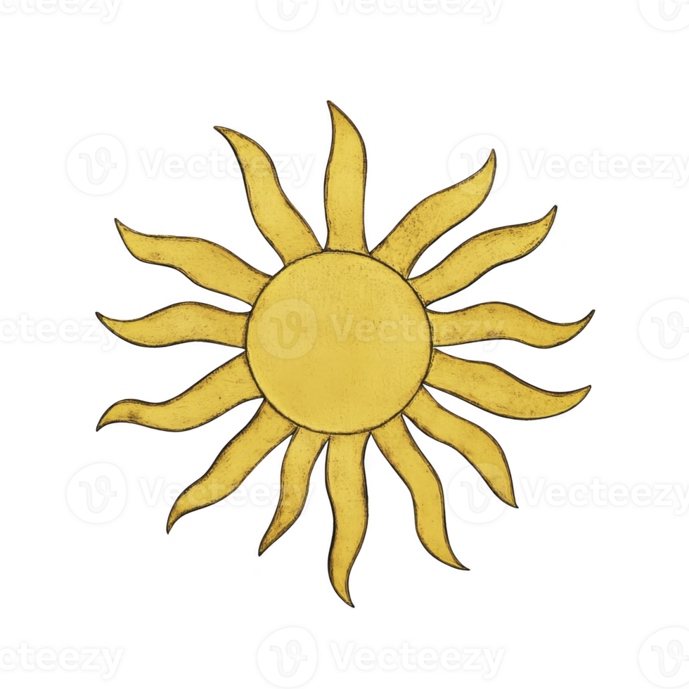 Stylized yellow sun with wavy rays radiates warmth and energy against plain background, evoking sense of brightness and positivity png