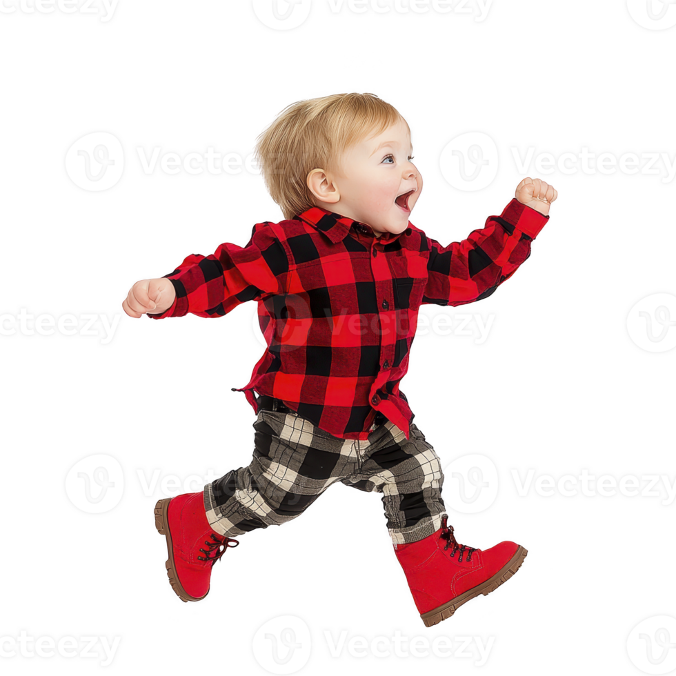 Joyful toddler in red and black plaid shirt and checkered pants is energetically running, wearing bright red boots. child appears happy and full of energy against plain background png