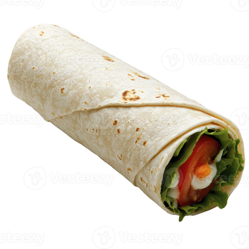 Delicious wrap filled with fresh lettuce, juicy tomatoes, and creamy sauce, all encased in soft tortilla. Perfect for quick and healthy meal png