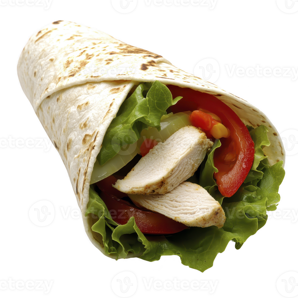 Delicious chicken wrap filled with fresh lettuce, juicy tomatoes, and onions, wrapped in soft tortilla, perfect for quick and healthy meal png