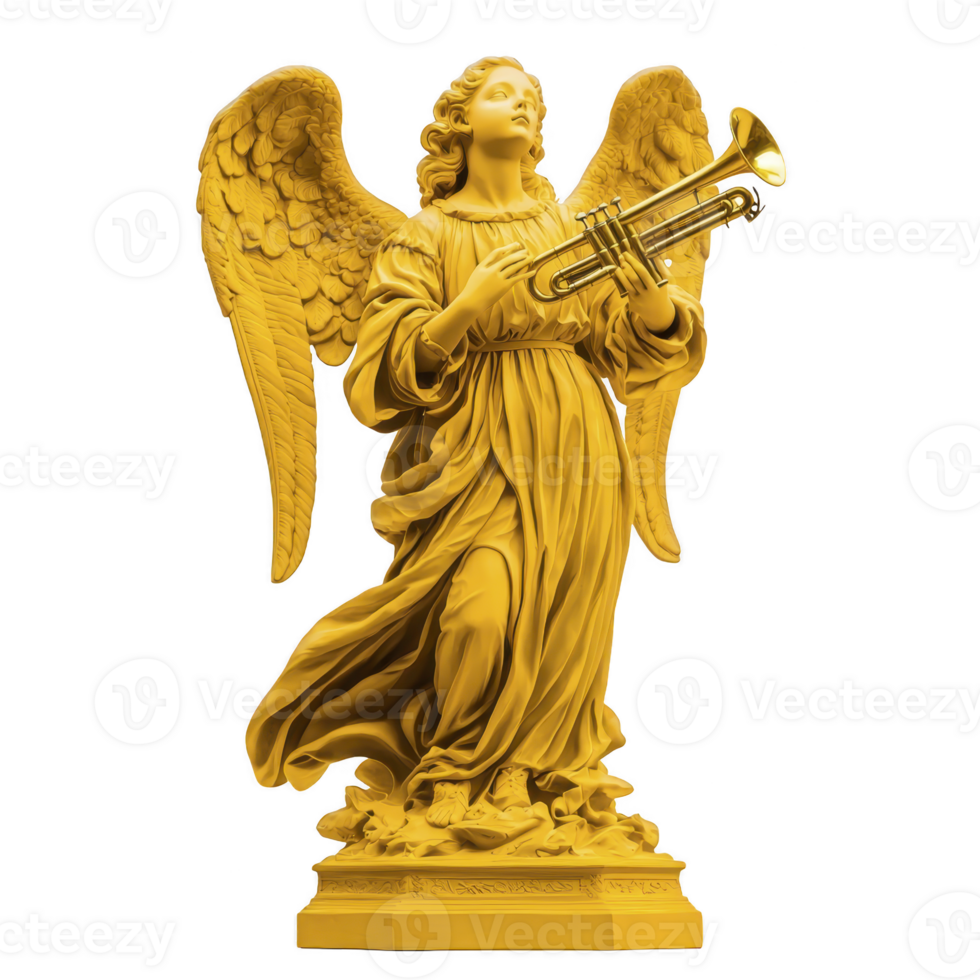 Golden angel statue with wings and trumpet stands gracefully, exuding sense of peace and divinity. detailed sculpture captures flowing robes and serene expression of angel png