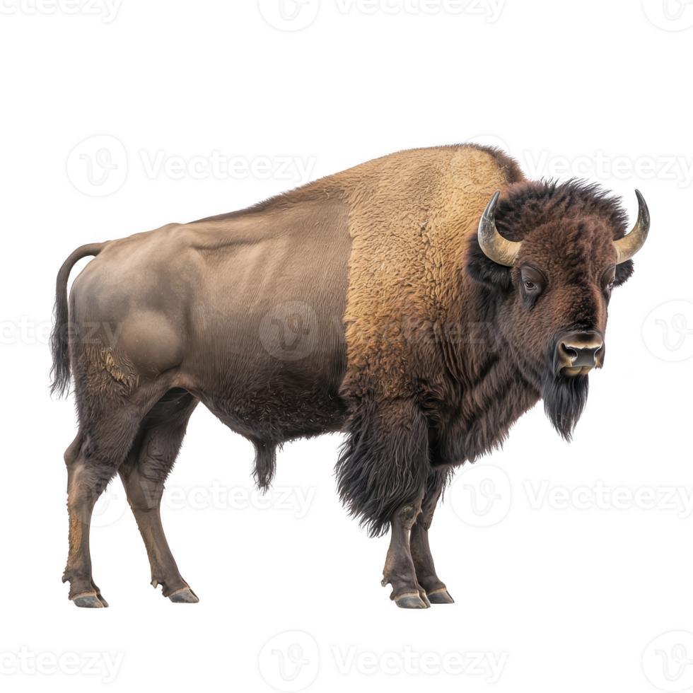 Majestic bison stands proudly, showcasing its thick fur and strong build. bison horns curve gracefully, adding to its imposing presence. This powerful animal embodies spirit of wild png