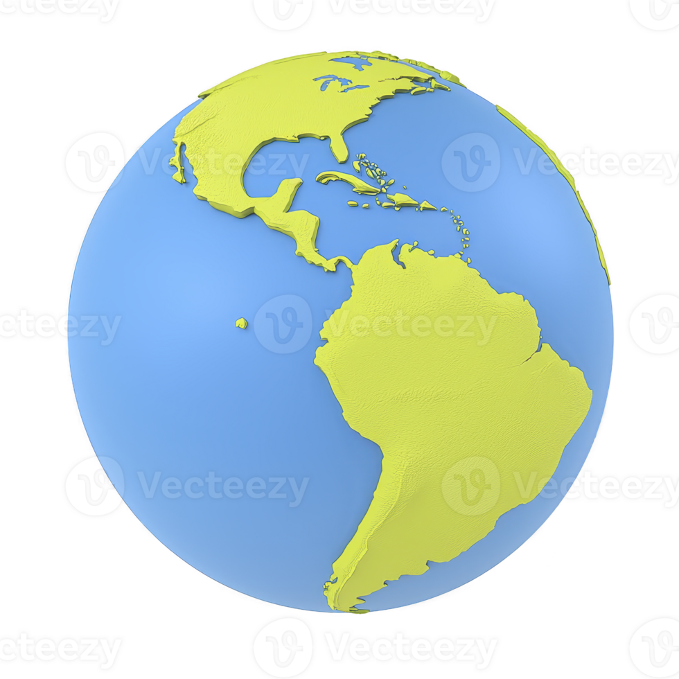 3D illustration of Earth shows Western Hemisphere, highlighting North and South America in green against blue ocean background. globe is isolated on transparency background png