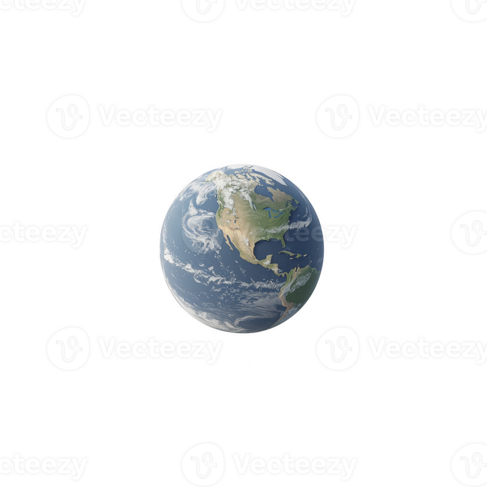 Realistic depiction of Earth floating space, showcasing North and South America with visible cloud formations and oceanic details. planet is set against transparency background, emphasizing its png
