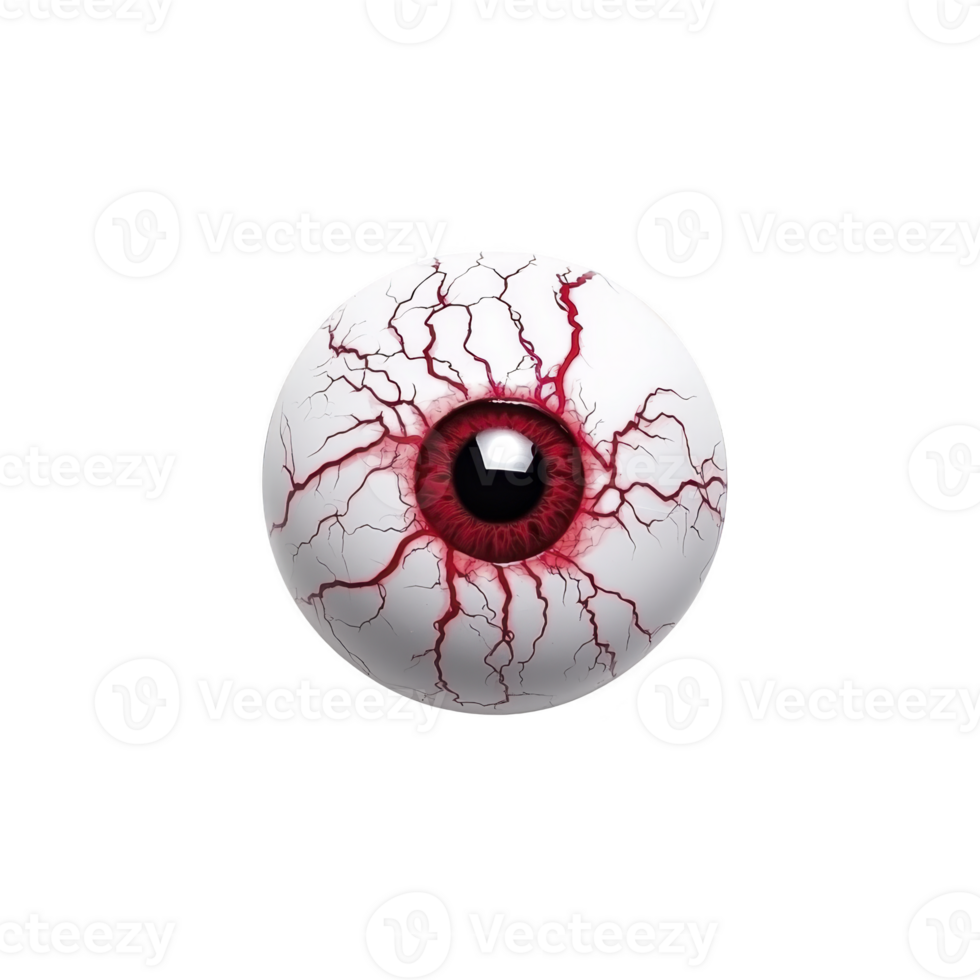 Realistic illustration of bloodshot eyeball with red veins and dark pupil, set against transparency background, creating striking and eerie effect png