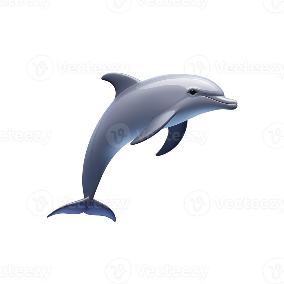 Playful dolphin illustration showcases sleek, streamlined body of marine mammal, highlighting its smooth, gray skin and curved dorsal fin, set against transparent background png
