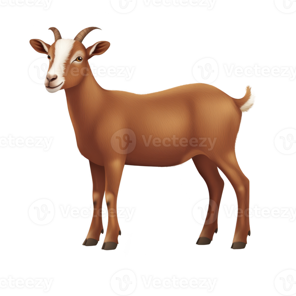Brown goat with white markings stands on transparent background, showcasing its horns and short tail. goat realistic texture and calm expression make it appear lifelike png