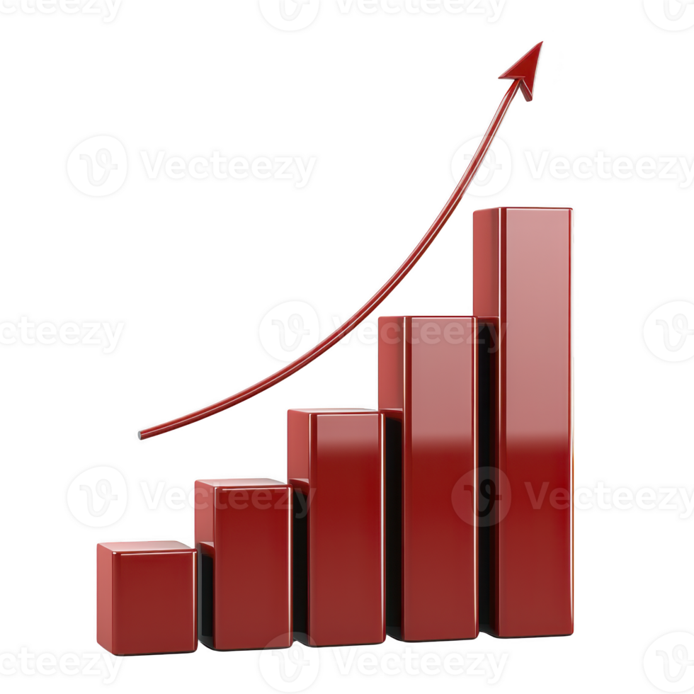 3D red bar graph with upward arrow symbolizes growth and success. bars increase in height from left to right, indicating positive progress or financial gain png