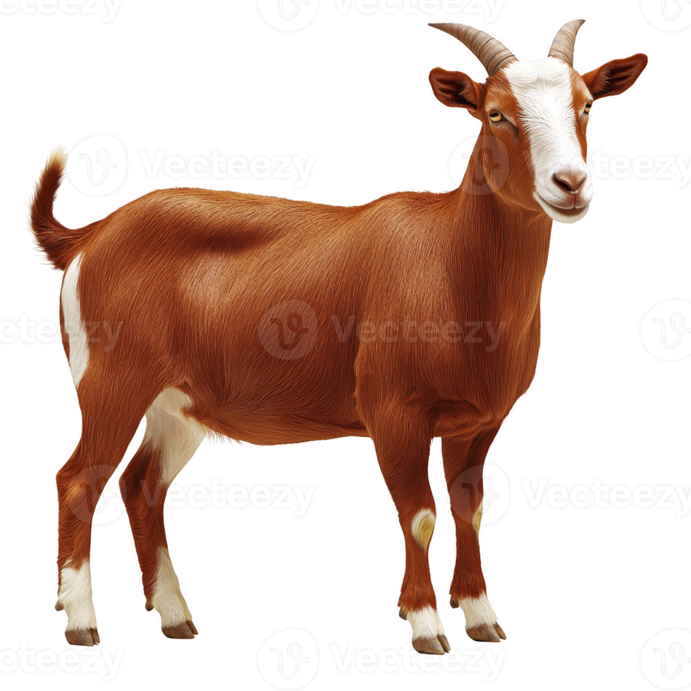 Brown goat with white markings stands confidently, showcasing its curved horns and short tail. goat fur appears smooth and well groomed, highlighting its healthy condition png