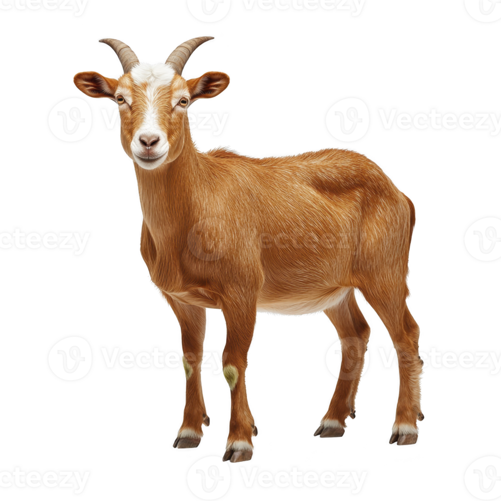 Brown goat with curved horns stands on transparency background, showcasing its textured fur and alert expression. goat stance is confident, highlighting its natural grace and curiosity png
