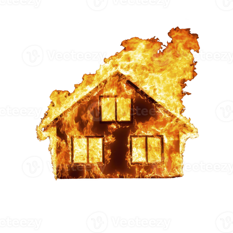 House engulfed in intense flames, illustrating dramatic fire scene with bright orange and yellow hues. image captures destructive power of fire, emphasizing urgency and danger png
