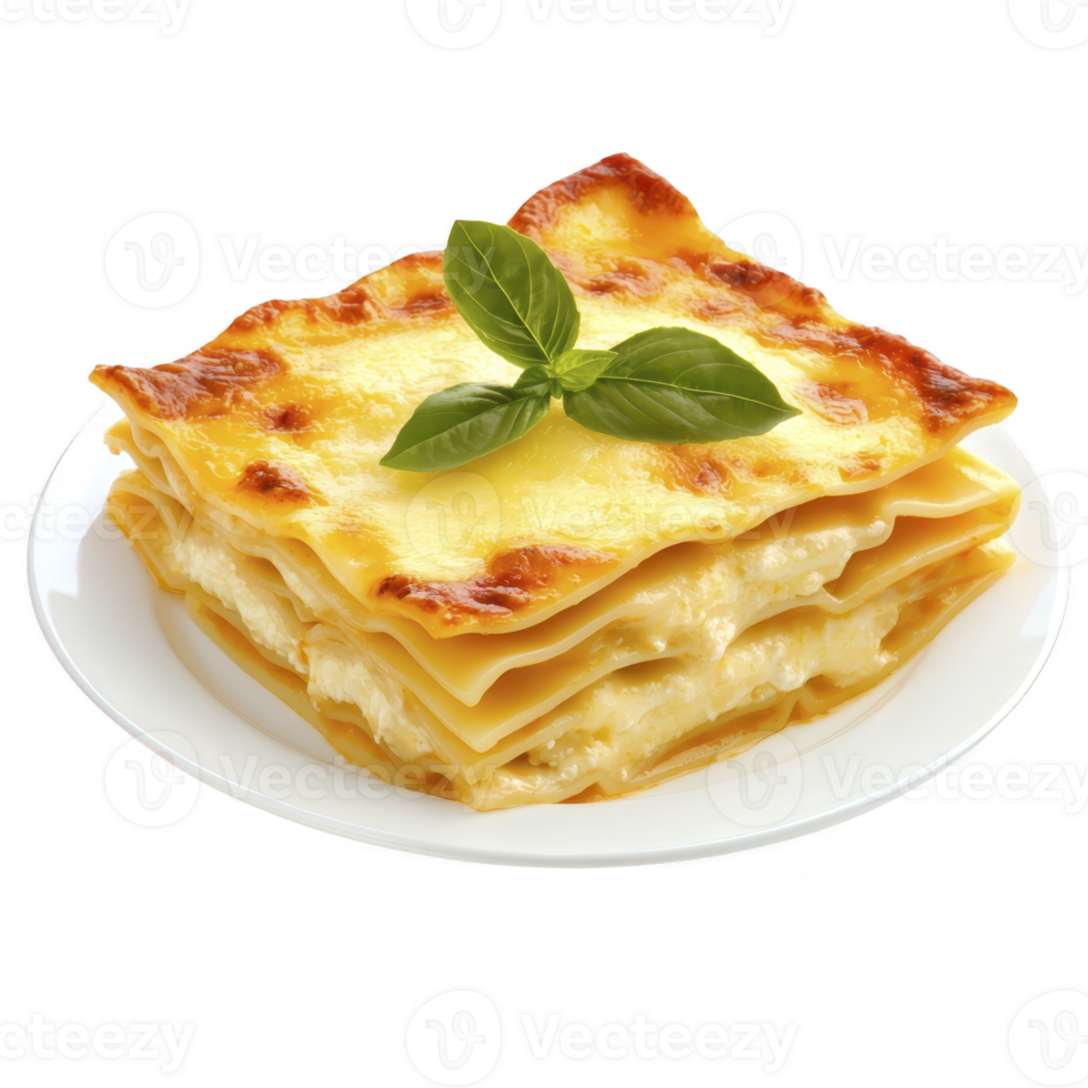 Delicious slice of creamy lasagna topped with fresh basil leaves on white plate, showcasing layers of pasta, cheese, and sauce png