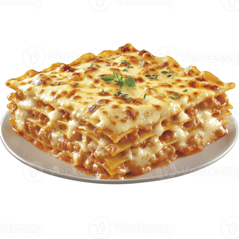 Delicious slice of lasagna with layers of pasta, rich meat sauce, and melted cheese, garnished with fresh herbs on white plate. golden brown top adds to its appetizing appearance png