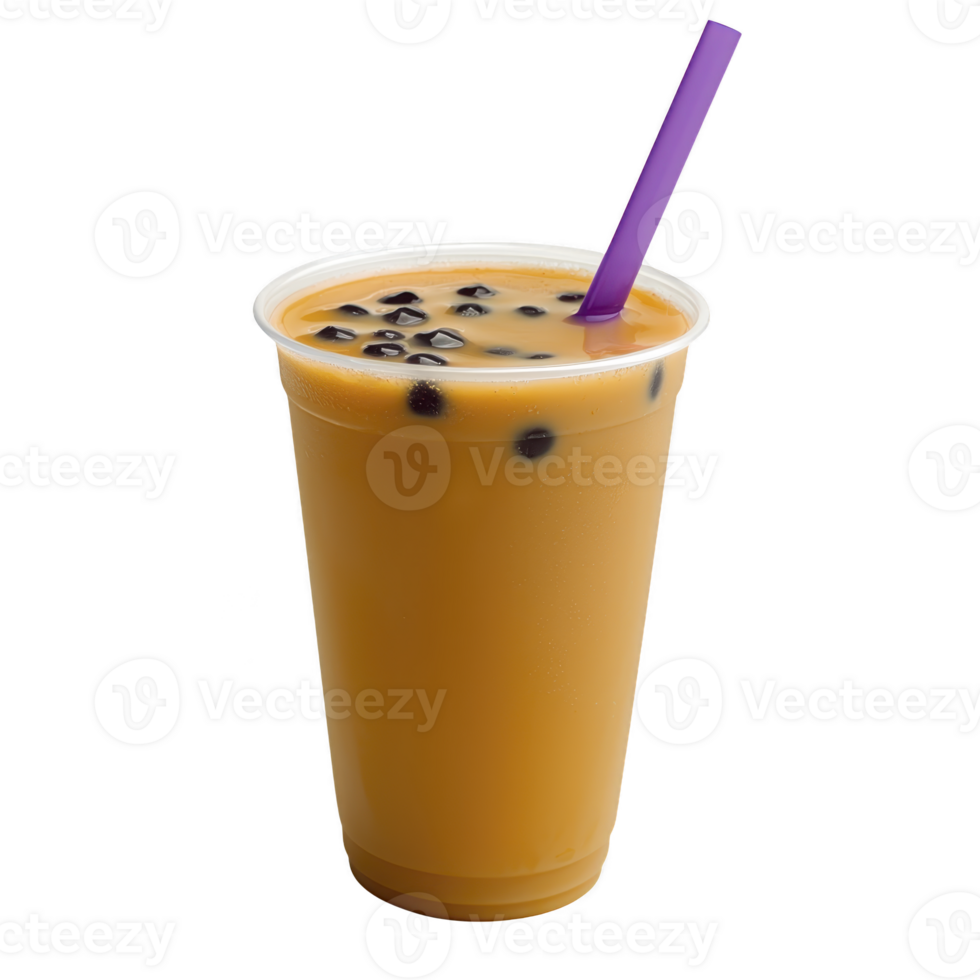 Refreshing cup of bubble tea with purple straw, featuring creamy milk tea and chewy tapioca pearls, served in clear plastic cup png