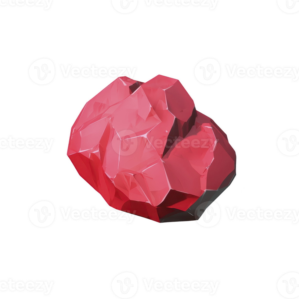 Shiny, faceted red gemstone with geometric design, resembling ruby, isolated on transparency background. gem angular surfaces reflect light, creating sparkling effect png