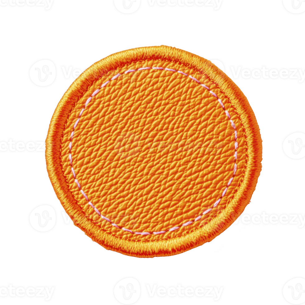 Round orange leather patch with stitched edges creates vibrant and textured appearance, perfect for adding pop of color to clothing or accessories png