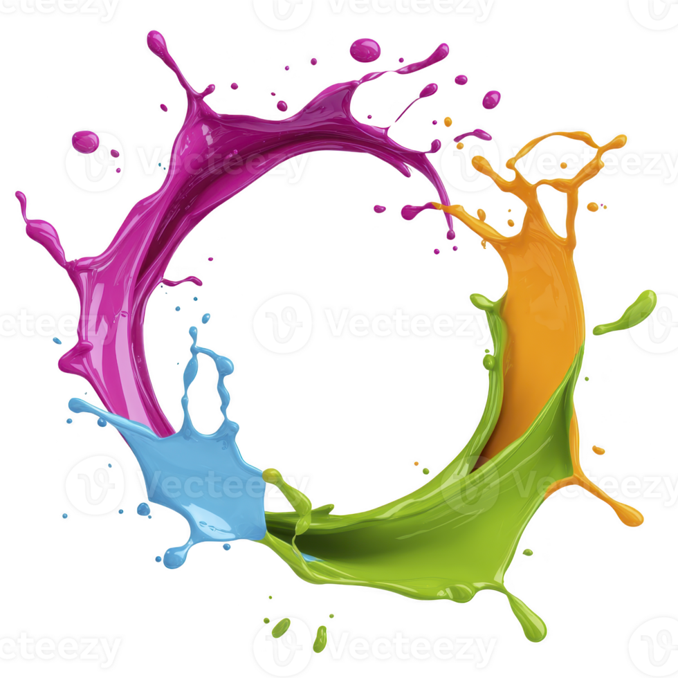 Vibrant splash of colorful paint forms dynamic circular shape, featuring shades of purple, orange, green, and blue, creating energetic and artistic visual png