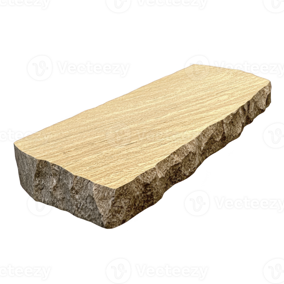 Rustic wooden slab with rough, textured edge and smooth top surface, ideal for use in furniture or decor projects. natural wood grain adds touch of organic charm png