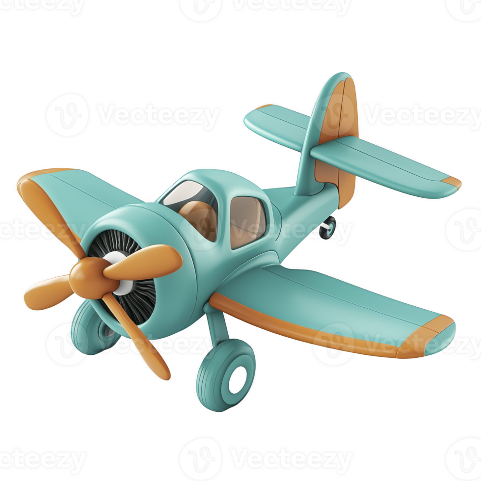 3D illustration of vintage style toy airplane with cheerful design, featuring blue body and orange accents, including propeller and wing tips. playful look evokes sense of nostalgia png
