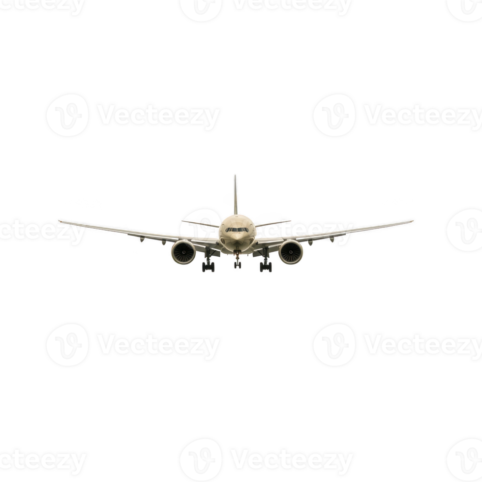 Large commercial airplane is flying directly towards viewer, showcasing its front view with wings spread wide and landing gear visible. aircraft is set against clear sky png