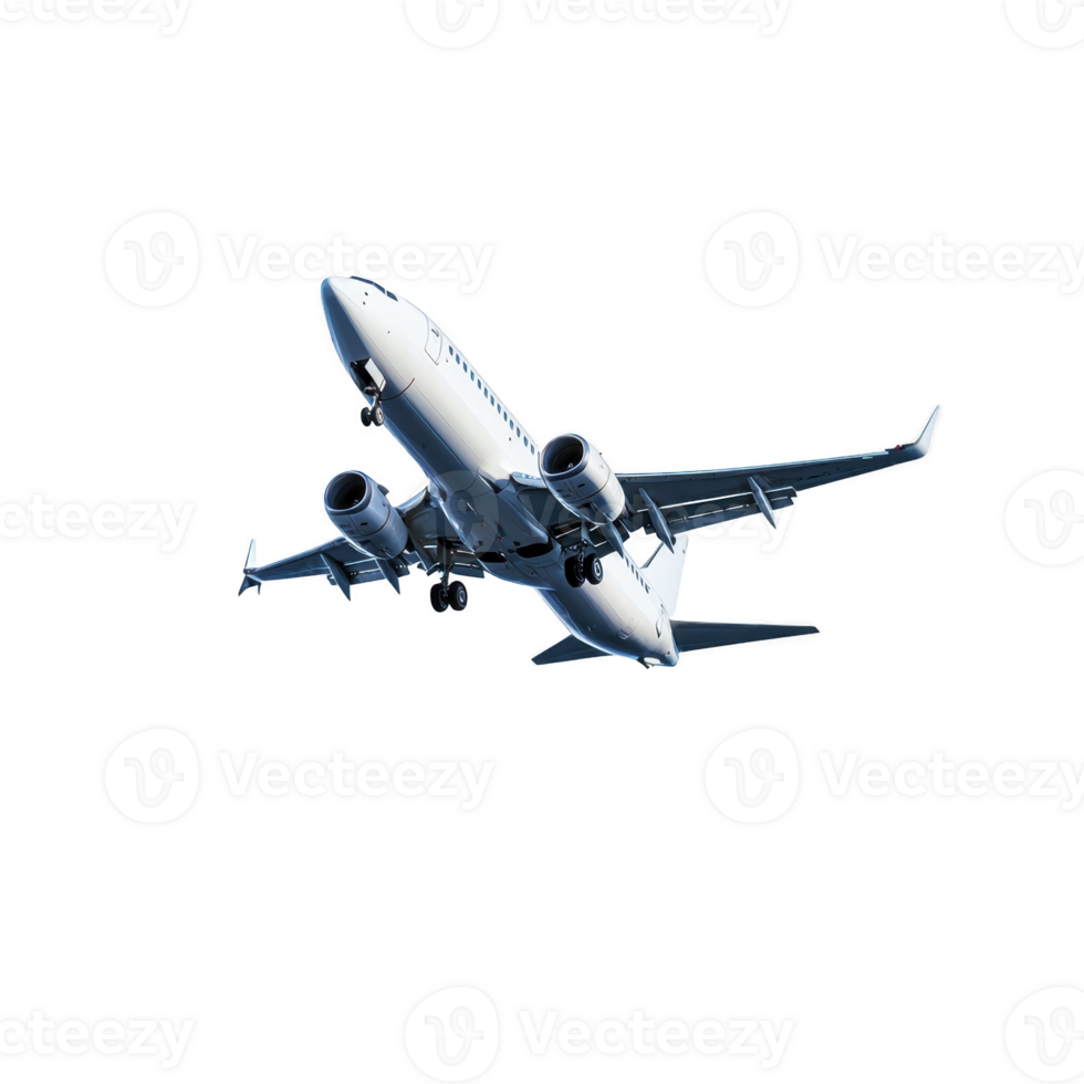 Commercial airplane in flight with landing gear extended, set against clear sky, showcasing aviation technology and travel png