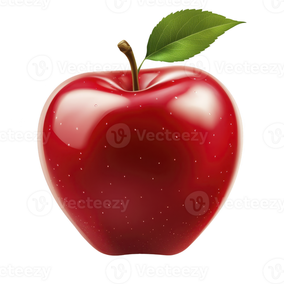Shiny red apple with green leaf and brown stem, showcasing its vibrant color and smooth texture. apple appears fresh and appetizing against plain background png