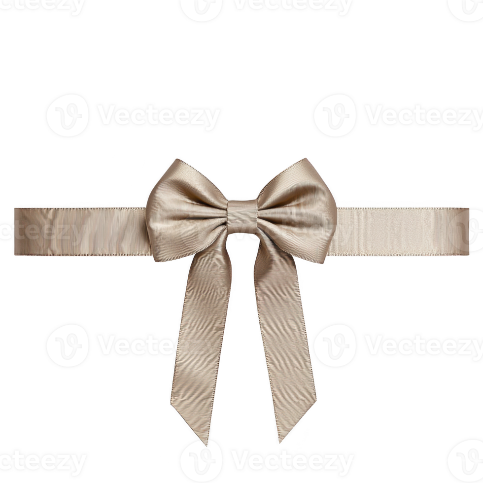 Beige satin ribbon bow with long tails is elegantly tied, creating classic and sophisticated look. smooth texture and neutral color make it versatile for various occasions png
