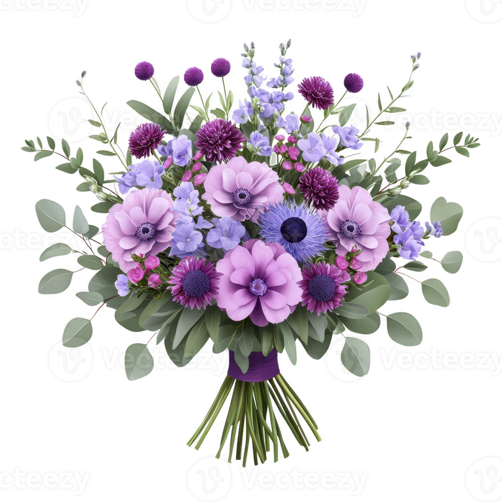 Vibrant bouquet of purple and lavender flowers, including anemones and thistles, is beautifully arranged with lush green foliage, creating elegant and cheerful display png