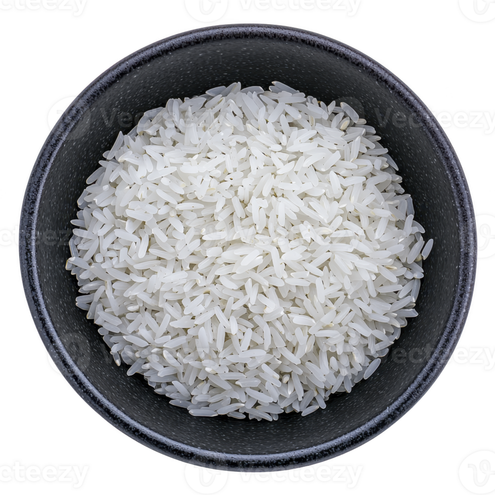 Bowl filled with uncooked white rice, showcasing its texture and grain size. rice is neatly arranged, highlighting its purity and simplicity png