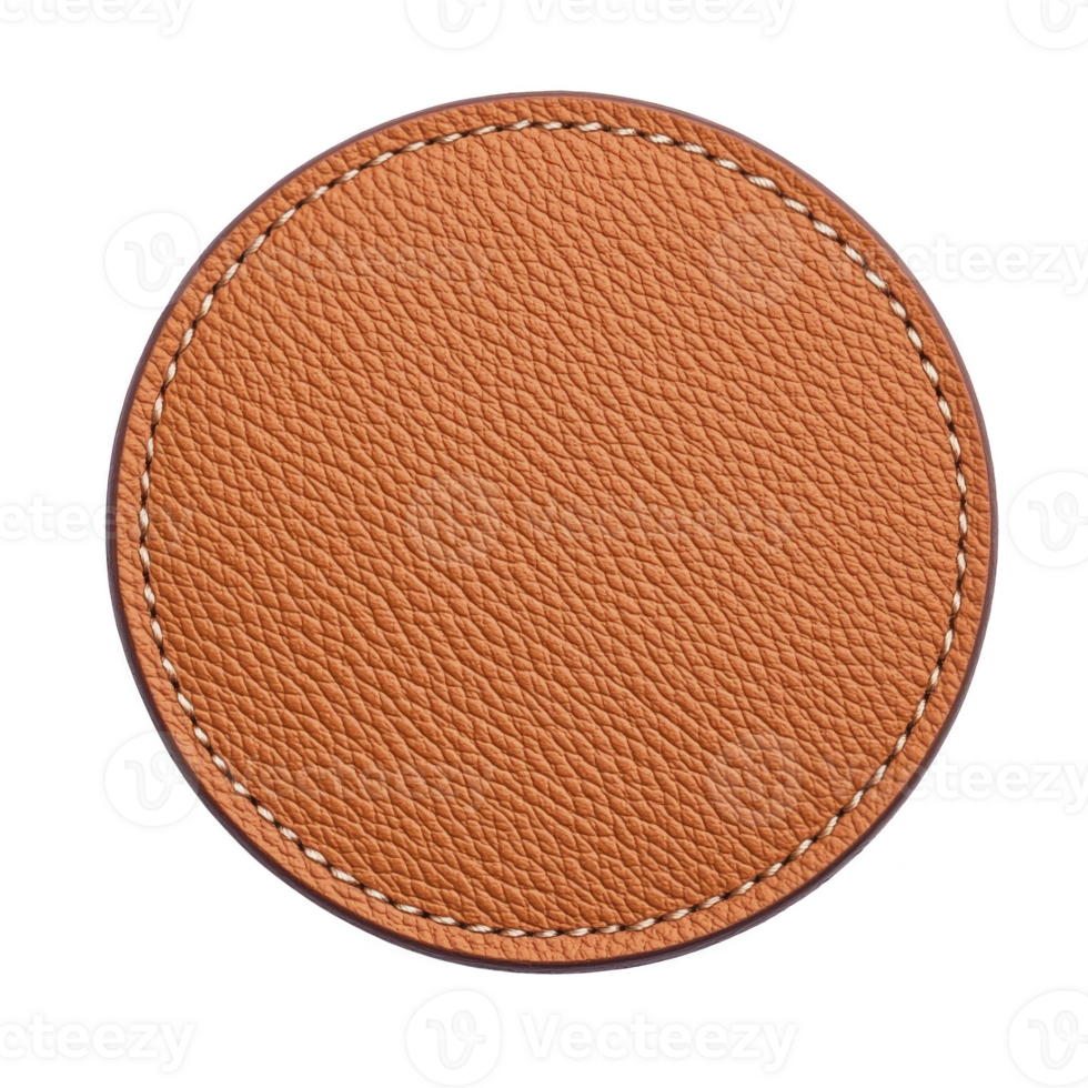 Round, brown leather coaster with visible stitching, showcasing textured surface. coaster is isolated on transparency background, highlighting its craftsmanship and simplicity png