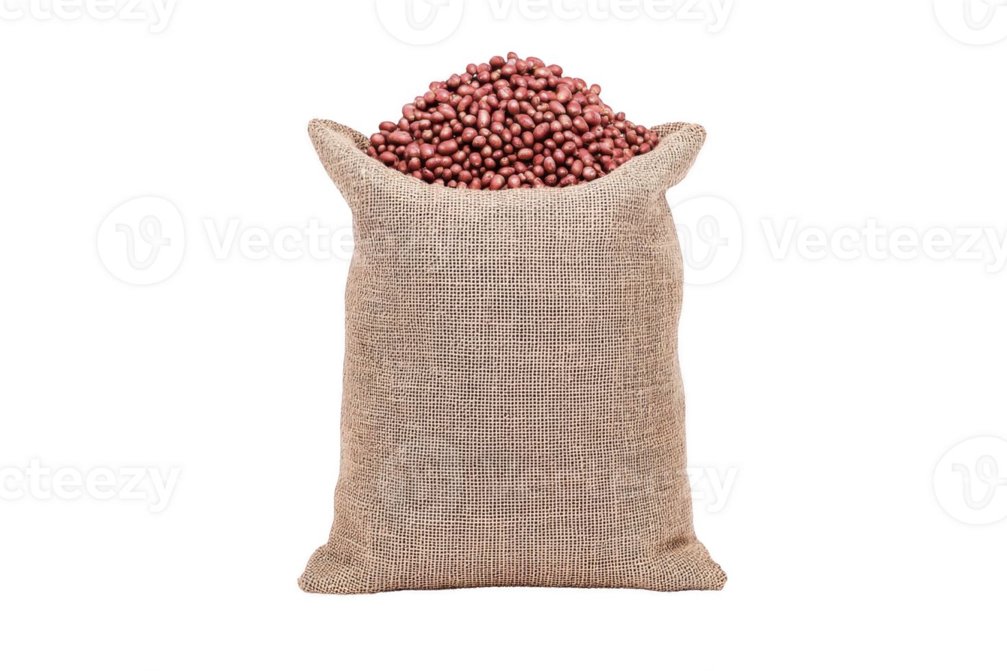 Burlap sack filled with red beans is displayed against transparency background, showcasing texture and color of beans. sack is open at top, revealing beans inside png