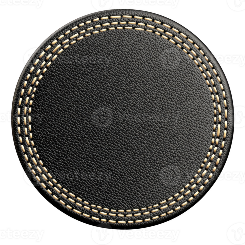 Round black leather patch with intricate beige stitching around edges, creating textured and elegant design. craftsmanship highlights contrast between dark leather and light thread png
