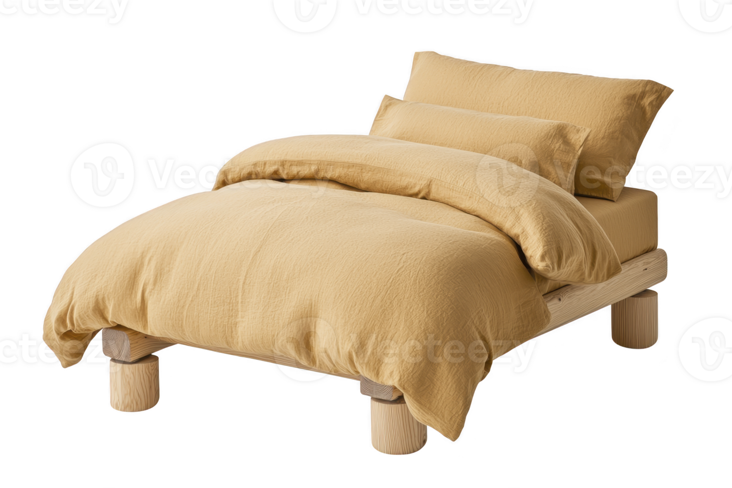Cozy bed with wooden frame and soft yellow bedding, including pillows and duvet, creates warm and inviting atmosphere png