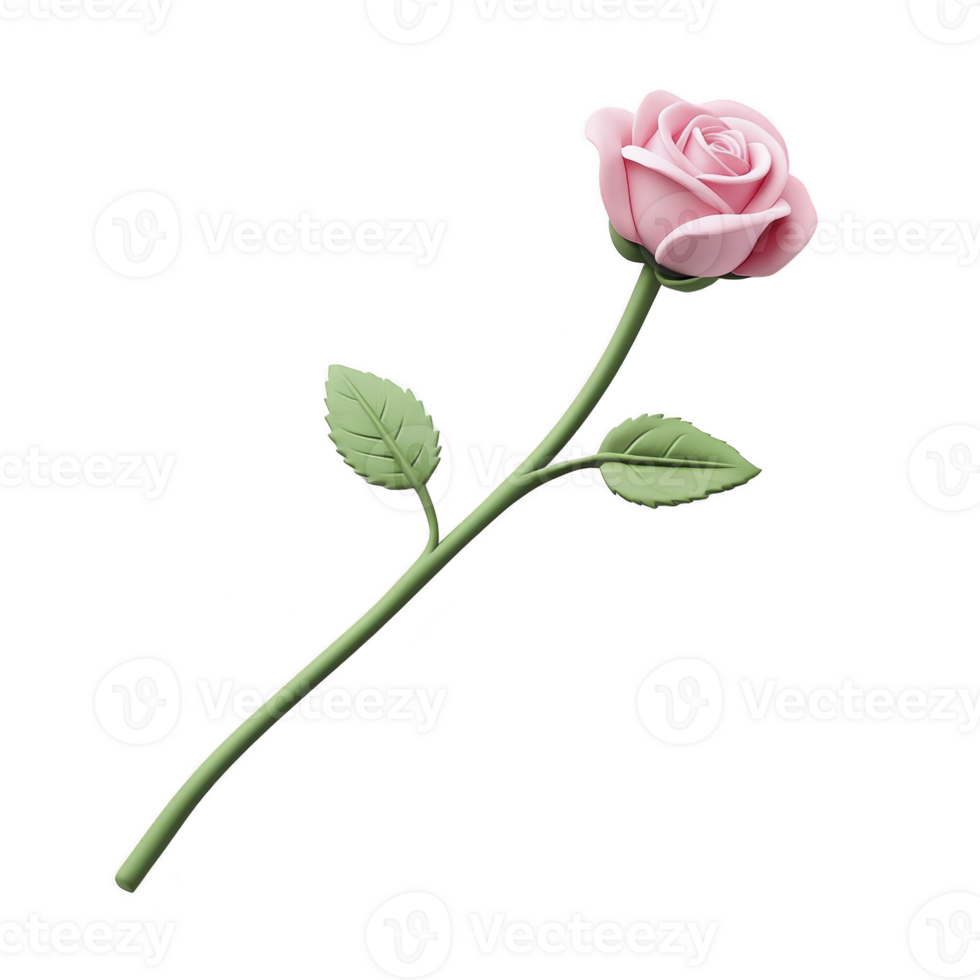 Single pink rose with long green stem and two leaves, symbolizing love and elegance, is depicted against plain background. delicate petals and vibrant colors create romantic and serene atmosphere png