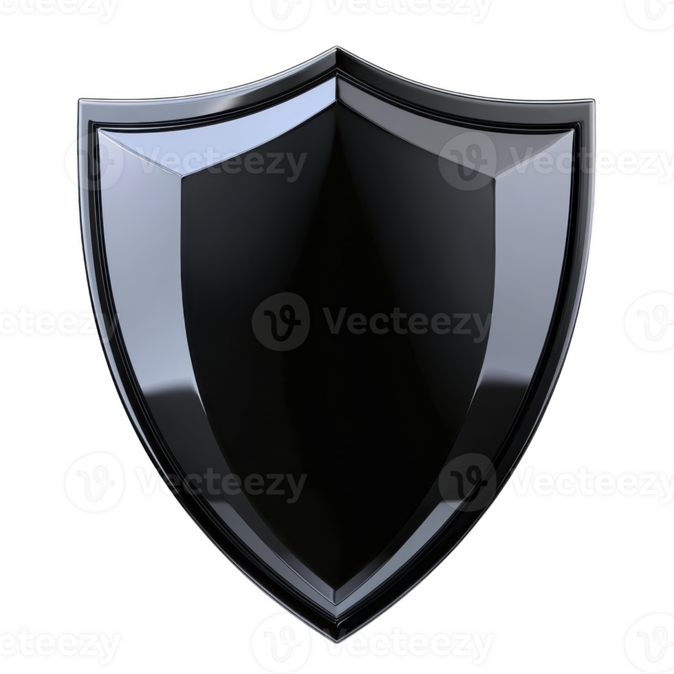 Sleek, glossy black shield with reflective surface, symbolizing protection and security. shield design is modern and minimalistic, conveying strength and defense png
