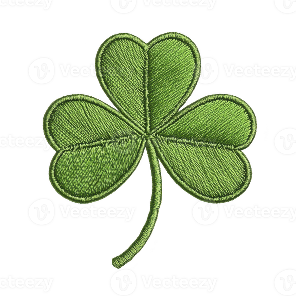 Green embroidered shamrock with three leaves, symbolizing luck and Irish heritage, is depicted on transparency background. detailed stitching adds texture and depth to design png