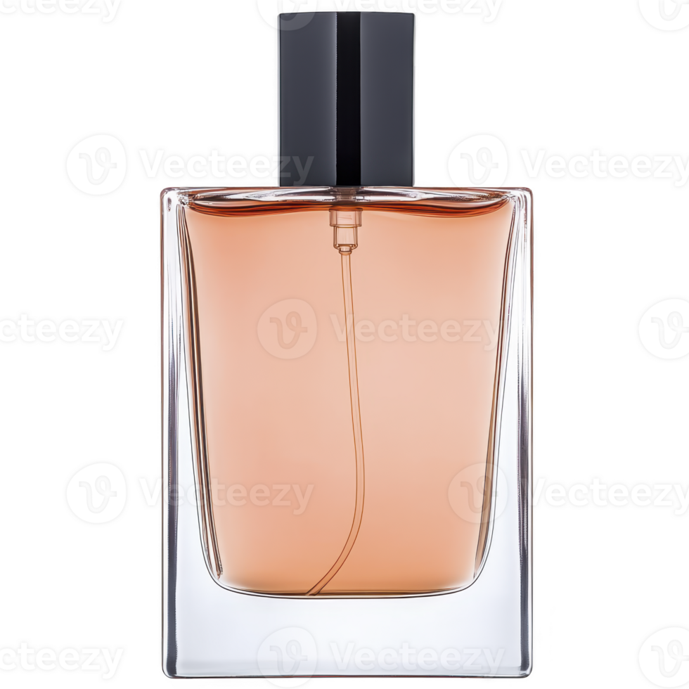 Sleek glass perfume bottle with black cap, filled with amber colored liquid, exudes elegance and sophistication. minimalist design highlights luxurious essence within png