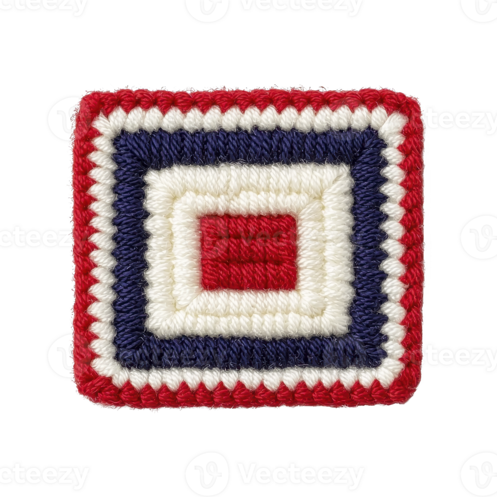 Square, handwoven patch features concentric layers of red, white, and blue yarn, creating bold geometric pattern. texture is rich and tactile, showcasing intricate craftsmanship png