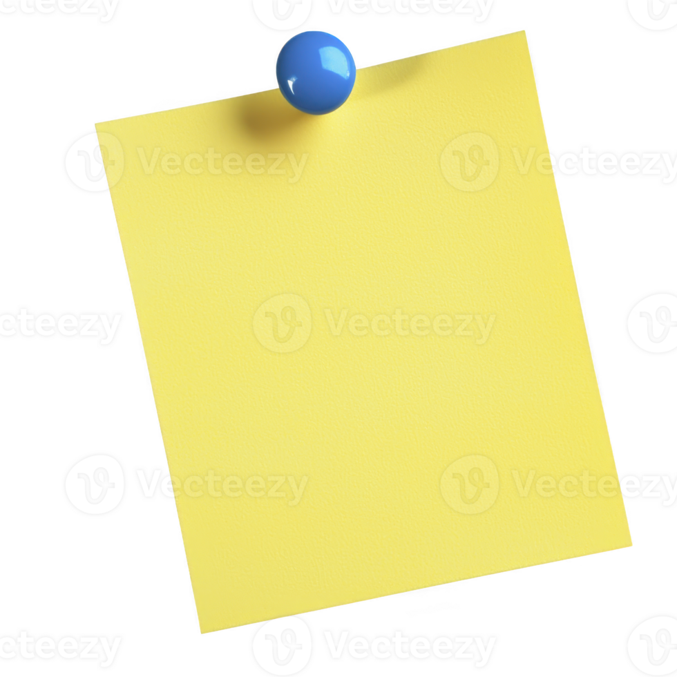 Yellow sticky note is pinned with blue pushpin, casting shadow on transparency background. note is blank, offering space for reminders or messages png