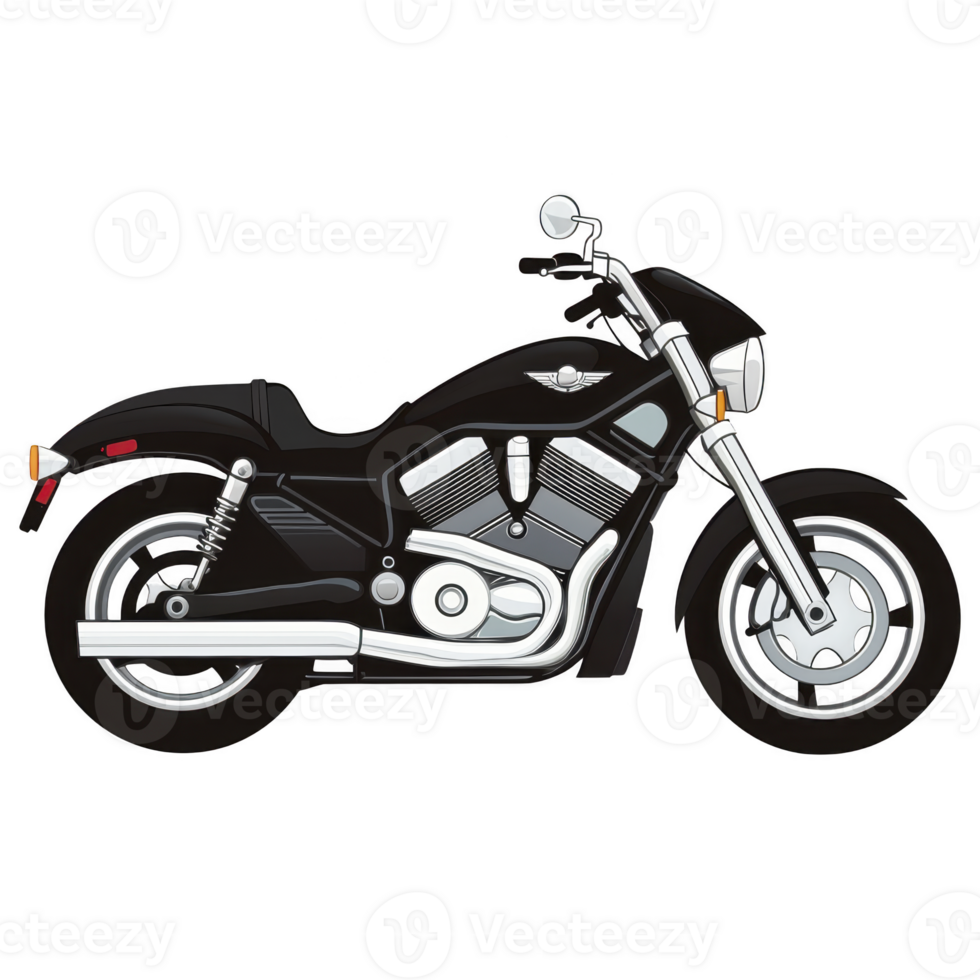 Sleek black motorcycle with chrome details and powerful engine, designed for speed and style. bike features modern frame, large wheels, and comfortable seat, perfect for long rides png