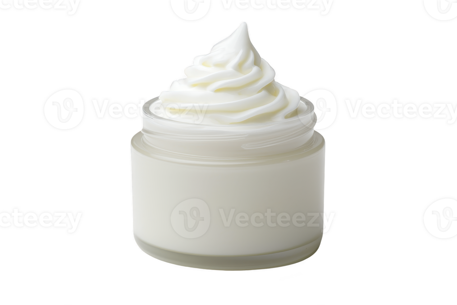 Glass jar filled with creamy white lotion or moisturizer, featuring swirl on top, isolated on transparency background. texture appears smooth and rich, suggesting hydration png