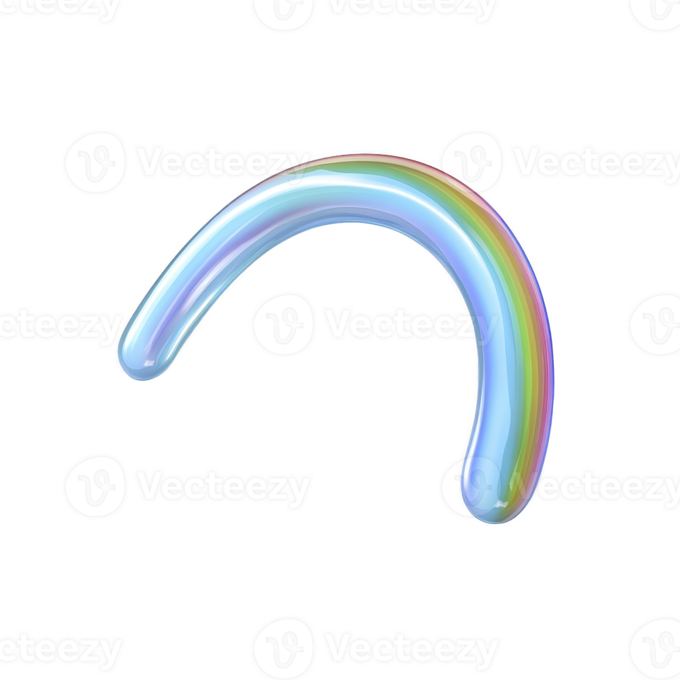 Colorful, shiny, and transparent rainbow arc with glossy finish, resembling balloon or inflatable object, set against plain background. vibrant colors create cheerful and whimsical effect png