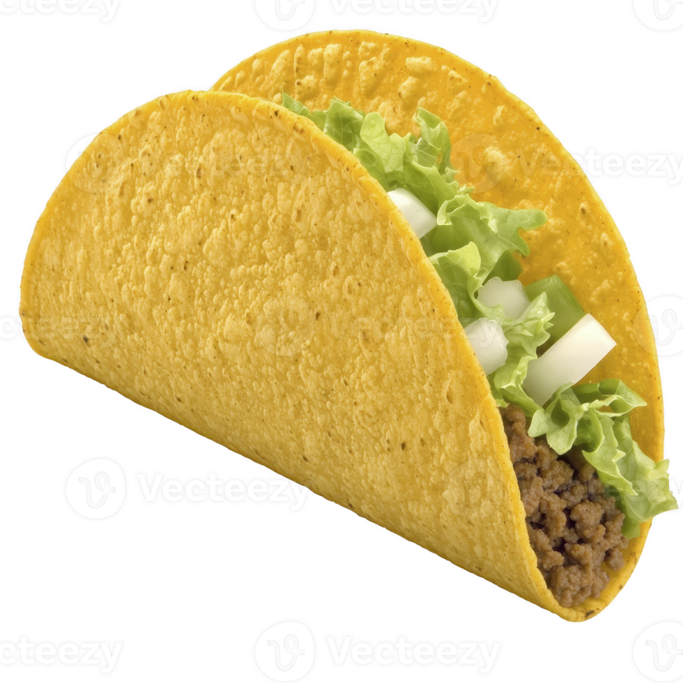 Crunchy taco shell filled with seasoned ground beef, fresh lettuce, and chopped onions, creating delicious and satisfying meal png
